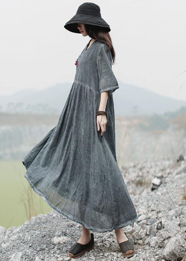 French v neck linen clothes For Women Catwalk gray Dress summer - SooLinen