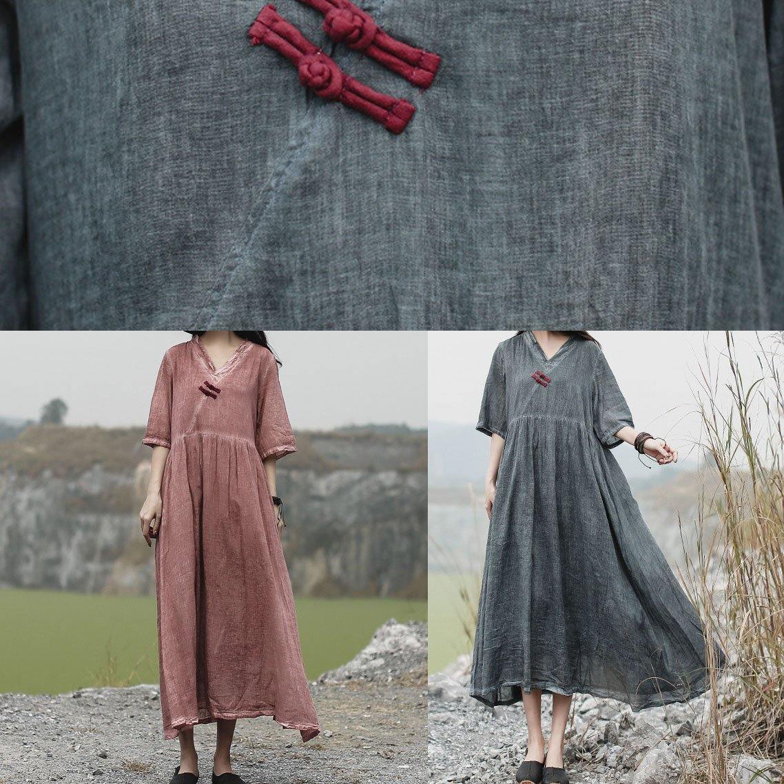 French v neck linen clothes For Women Catwalk gray Dress summer - SooLinen