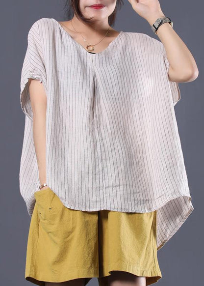 French v neck linen tunic pattern Sleeve white striped shirt summer - SooLinen