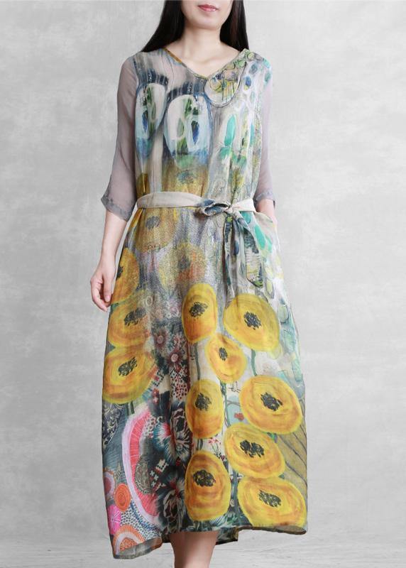French v neck tie waist  clothes Photography yellow print Dress - SooLinen