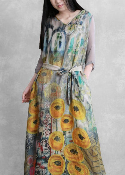 French v neck tie waist  clothes Photography yellow print Dress - SooLinen