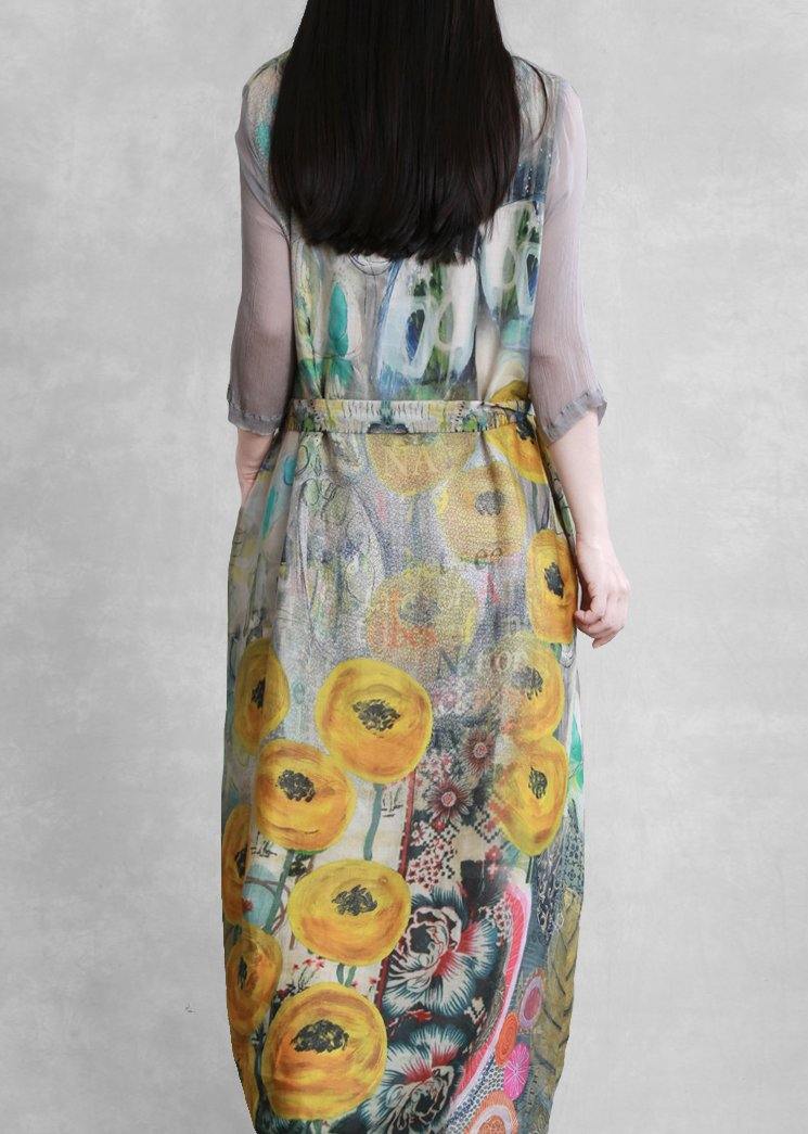 French v neck tie waist  clothes Photography yellow print Dress - SooLinen