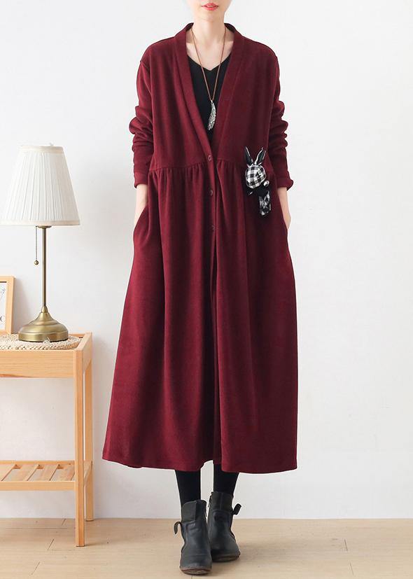 French v neck Cinched Plus Size clothes For Women burgundy box women coats - SooLinen