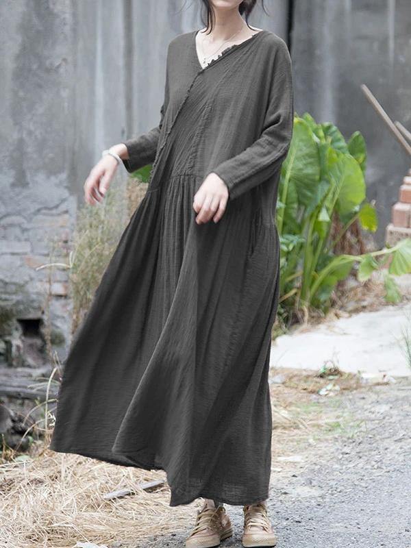 French v neck Cinched cotton linen dress Tutorials gray Dress - SooLinen