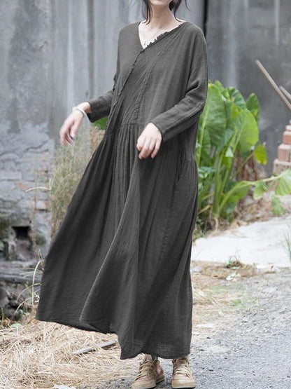 French v neck Cinched cotton linen dress Tutorials gray Dress - SooLinen