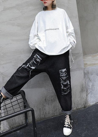 French white cotton Tunic alphabet silhouette fall blouse - SooLinen