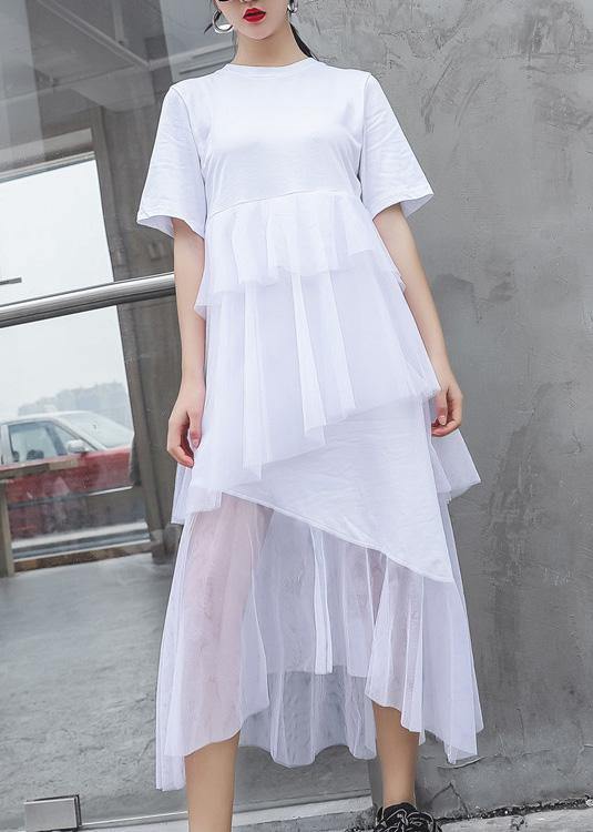 French white cotton Tunic patchwork tulle Robe summer Dresses - SooLinen