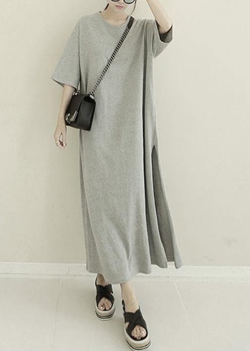 French white cotton quilting clothes o neck side open Maxi Dresses - SooLinen