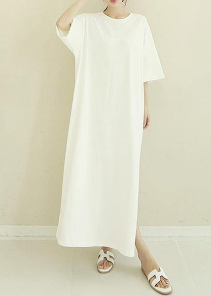 French white cotton quilting clothes o neck side open Maxi Dresses - SooLinen