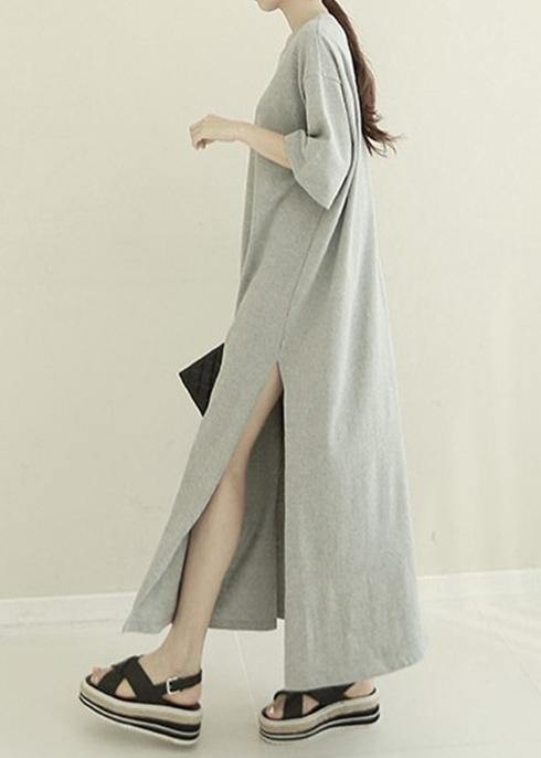 French white cotton quilting clothes o neck side open Maxi Dresses - SooLinen