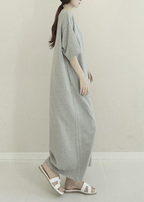 French white cotton quilting clothes o neck side open Maxi Dresses - SooLinen