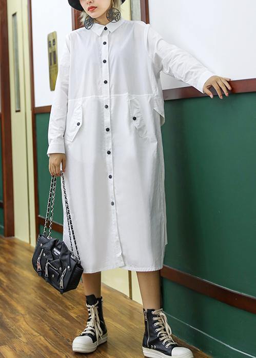 French white cotton shirt dress pattern pockets patchwork Maxi lapel Dress - SooLinen