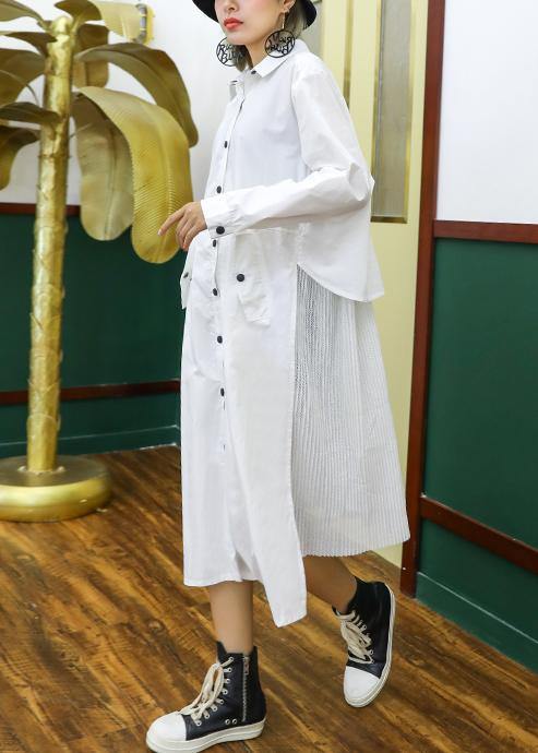 French white cotton shirt dress pattern pockets patchwork Maxi lapel Dress - SooLinen