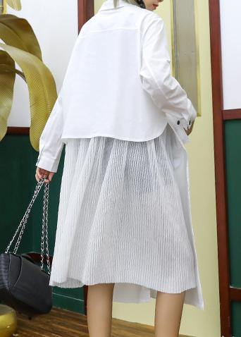 French white cotton shirt dress pattern pockets patchwork Maxi lapel Dress - SooLinen