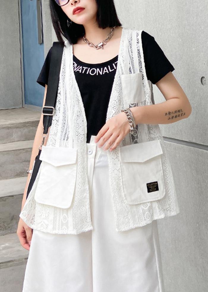 French white cotton top v neck pockets Clothing tops - SooLinen