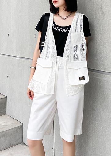 French white cotton top v neck pockets Clothing tops - SooLinen