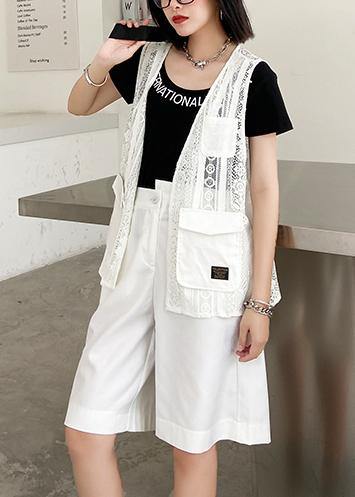 French white cotton top v neck pockets Clothing tops - SooLinen