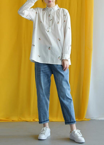 French white embroidery cotton crane tops stand collar Knee fall tops - SooLinen