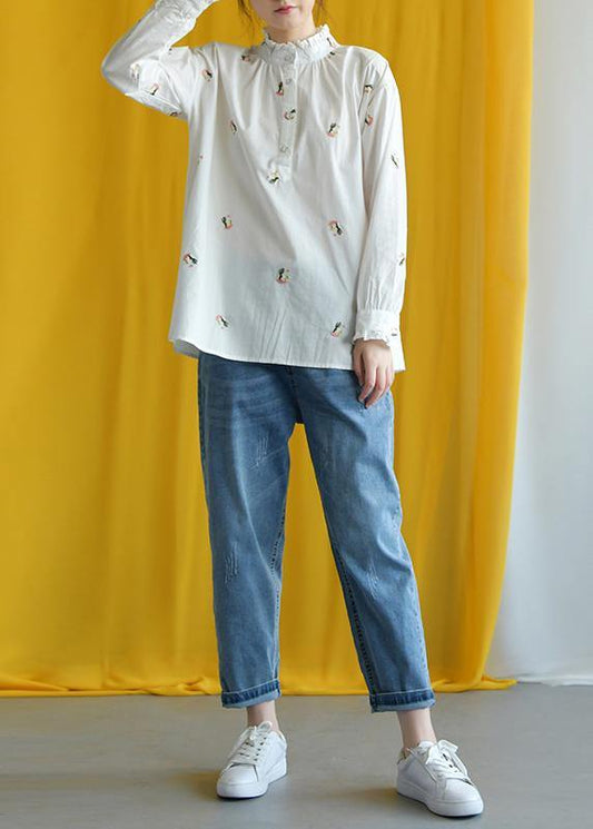 French white embroidery cotton crane tops stand collar Knee fall tops - SooLinen