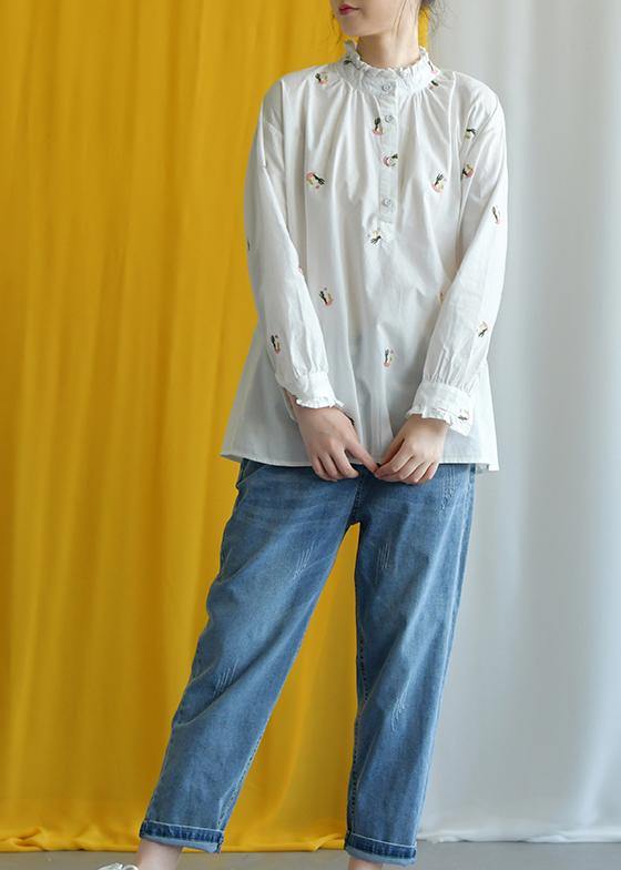 French white embroidery cotton crane tops stand collar Knee fall tops - SooLinen