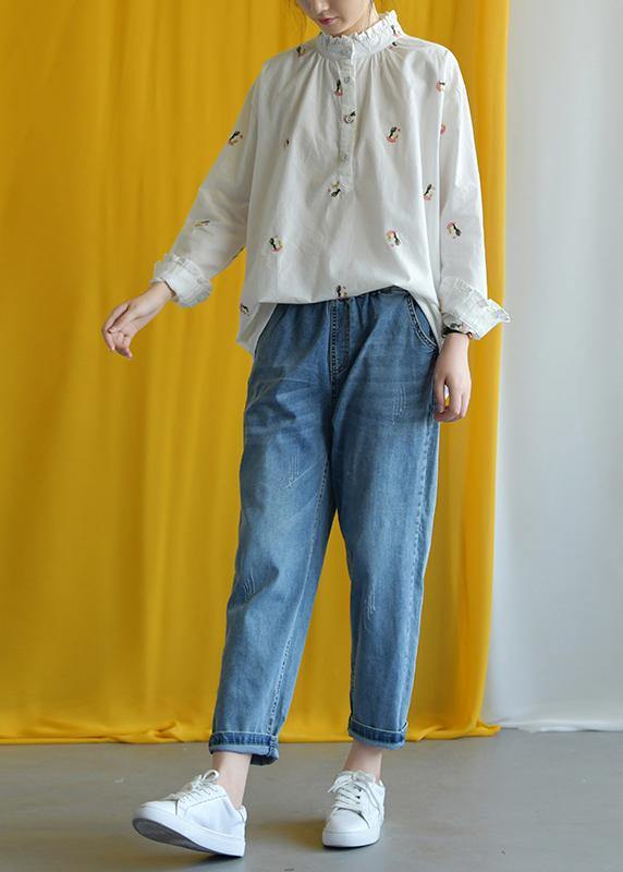 French white embroidery cotton crane tops stand collar Knee fall tops - SooLinen