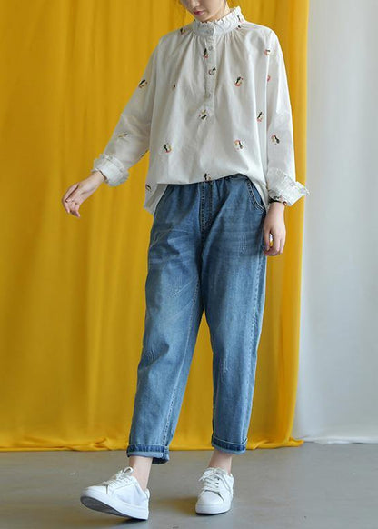 French white embroidery cotton crane tops stand collar Knee fall tops - SooLinen