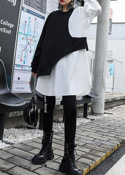 French white patchwork cotton box top asymmetric cotton fall blouse - SooLinen