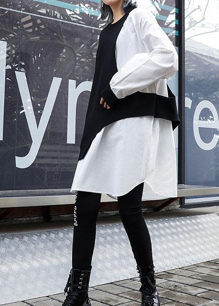 French white patchwork cotton box top asymmetric cotton fall blouse - SooLinen