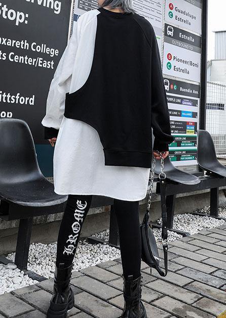 French white patchwork cotton box top asymmetric cotton fall blouse - SooLinen