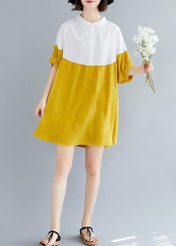 French yellow chiffon dresses Women Fashion o neck patchwork Traveling Summer Dresses - SooLinen
