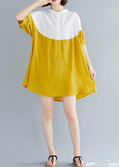 French yellow chiffon dresses Women Fashion o neck patchwork Traveling Summer Dresses - SooLinen