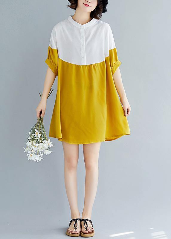French yellow chiffon dresses Women Fashion o neck patchwork Traveling Summer Dresses - SooLinen