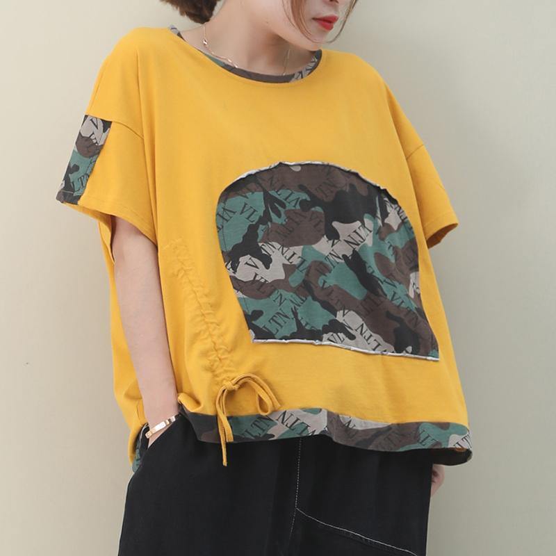 French yellow cotton Blouse o neck patchwork Knee top - SooLinen