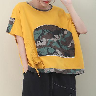 French yellow cotton Blouse o neck patchwork Knee top - SooLinen