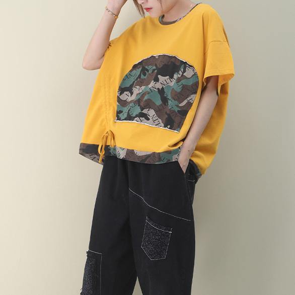 French yellow cotton Blouse o neck patchwork Knee top - SooLinen