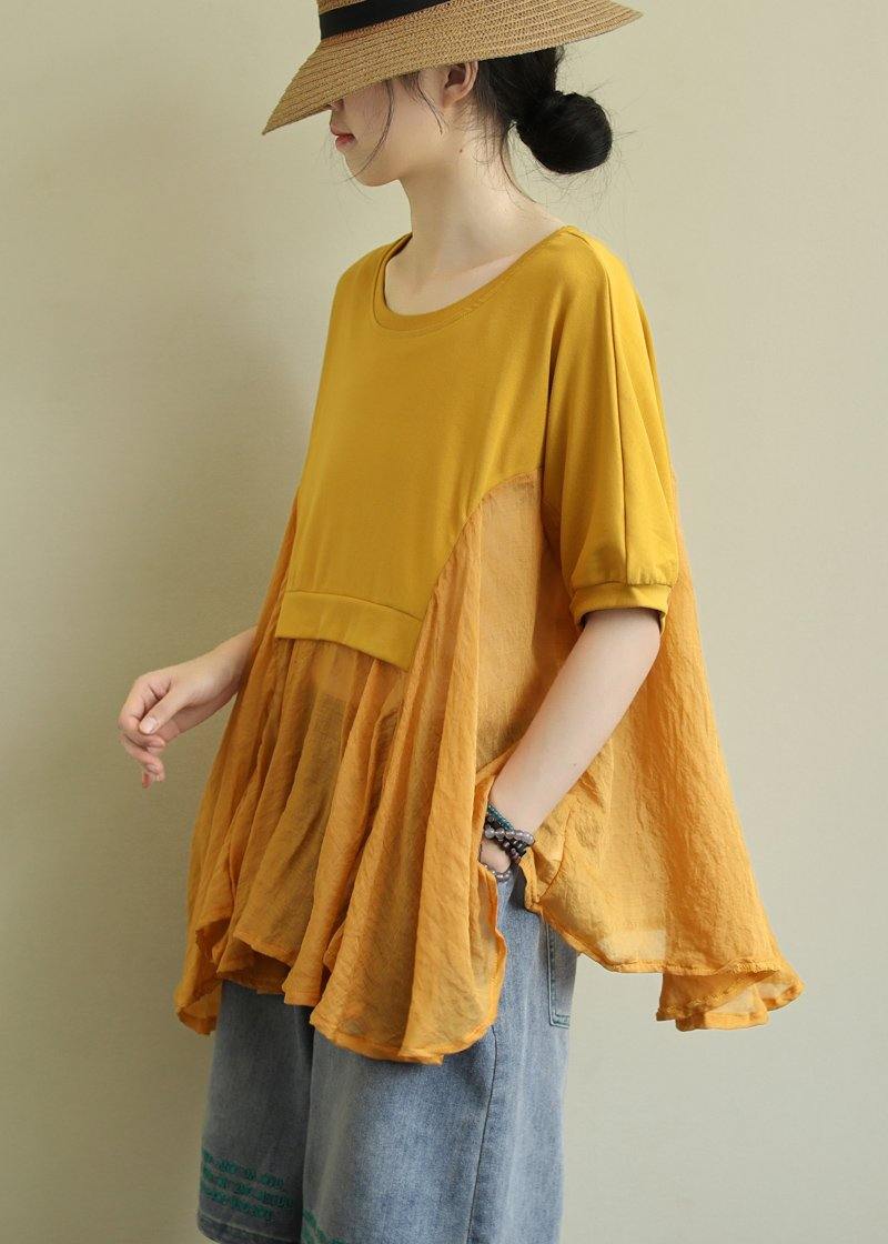 French yellow cotton blouses for women o neck patchwork Art blouses - SooLinen