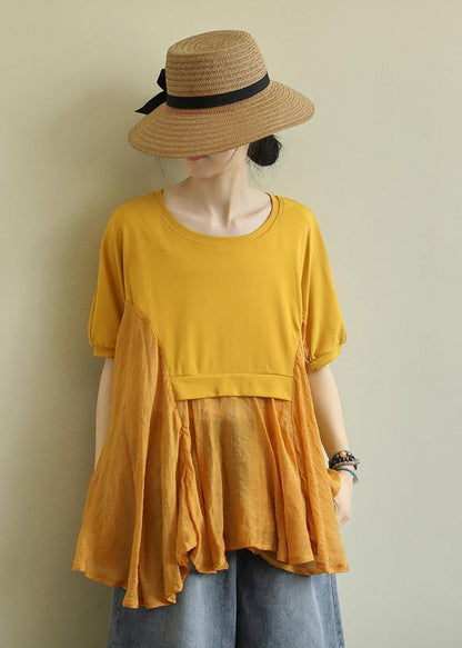 French yellow cotton blouses for women o neck patchwork Art blouses - SooLinen