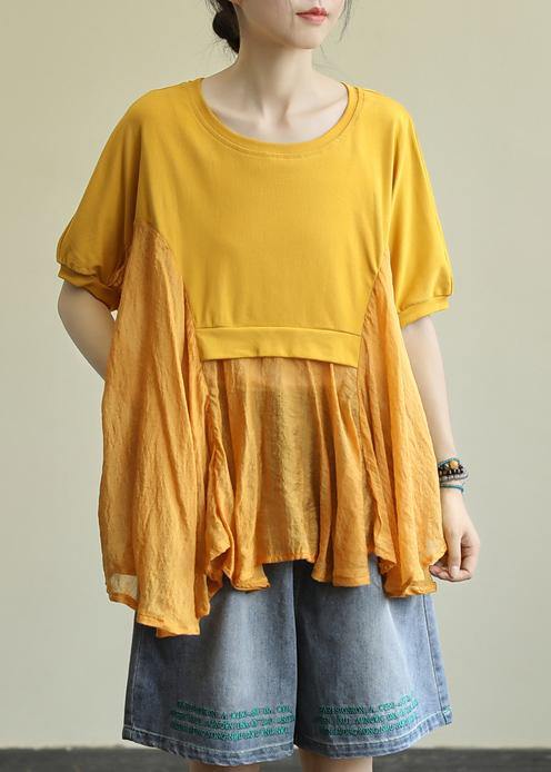 French yellow cotton blouses for women o neck patchwork Art blouses - SooLinen