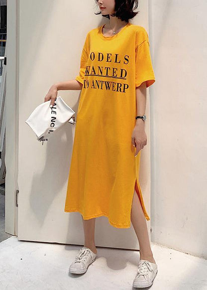 French yellow cotton tunic dress side open Robe summer Dresses - SooLinen
