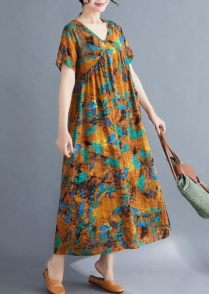 French yellow print cotton linen clothes v neck Cinched loose summer Dress - SooLinen