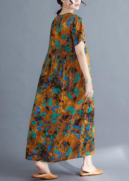 French yellow print cotton linen clothes v neck Cinched loose summer Dress - SooLinen