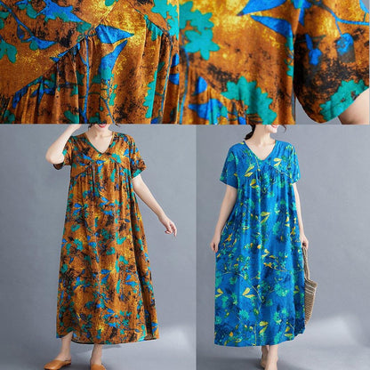 French yellow print cotton linen clothes v neck Cinched loose summer Dress - SooLinen