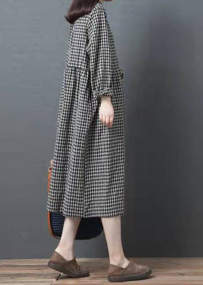 French Black Plaid Clothes Women Lapel Patchwork Traveling Dresses