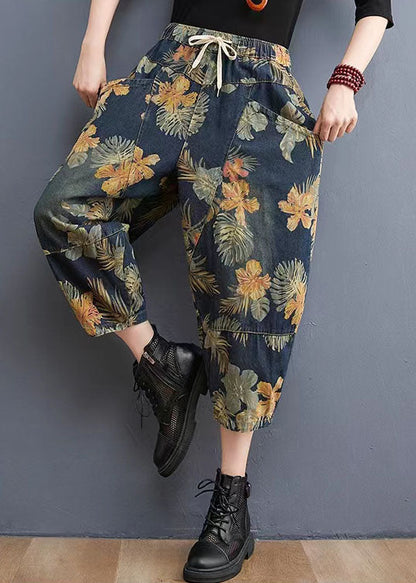 Französische Marine elastische Taille Kordelzug Taschen Print Denim Hose Frühling