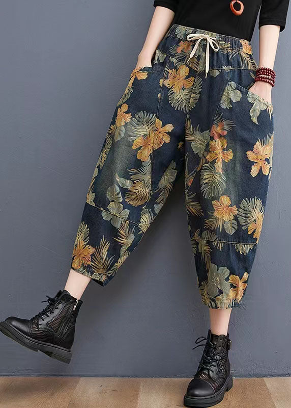 Französische Marine elastische Taille Kordelzug Taschen Print Denim Hose Frühling
