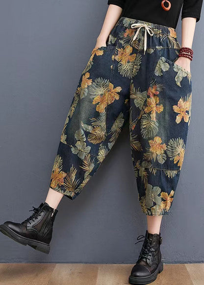Französische Marine elastische Taille Kordelzug Taschen Print Denim Hose Frühling
