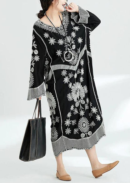 Französische schwarze Print V-Ausschnitt Baggy Chiffon Roben Frühlingskleider