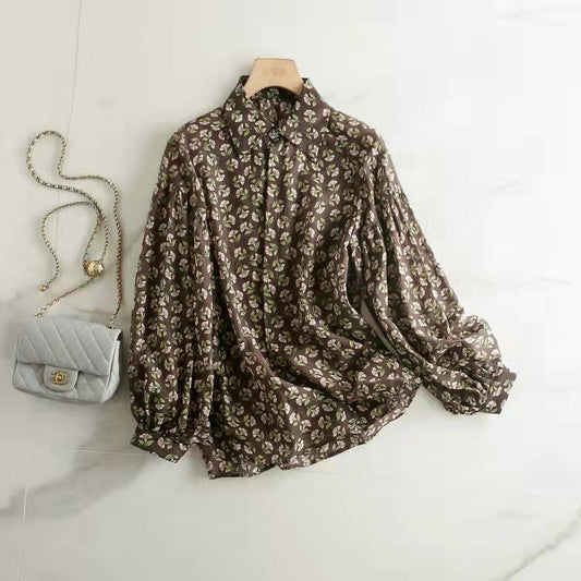 Französische Schokoladendruck-Oberteile aus Baumwolle und Leinen für Damen, Bio-Tutorials, Button-Down-Kleider, Hemden