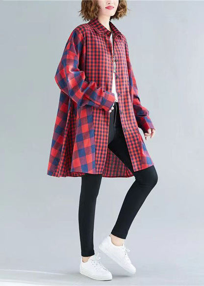 French red plaid clothes lapel patchwork baggy tops