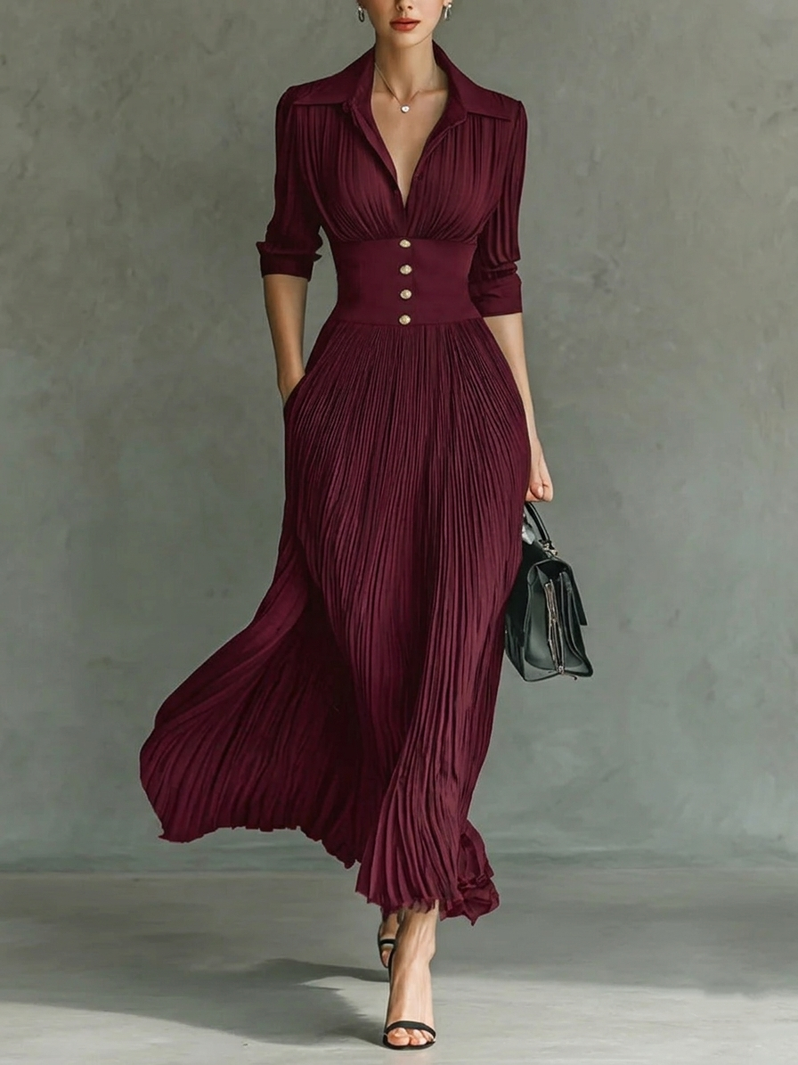 Elegant Pleated Lapel Waisted Long-sleeved Maxi Dress